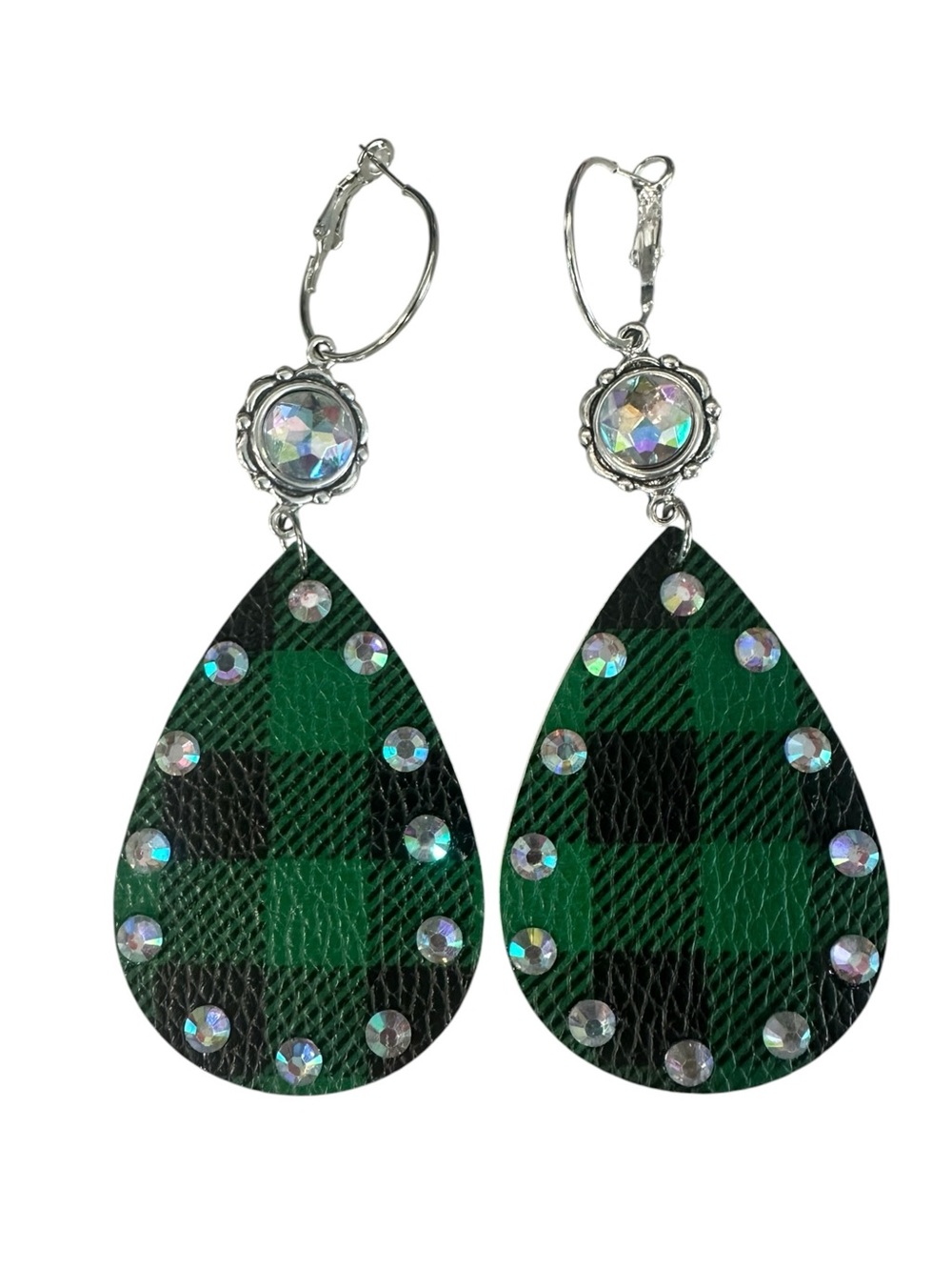 Haus of Lenora: Green Buffalo Plaid Teardrop Earrings – Rhinestone Dangle